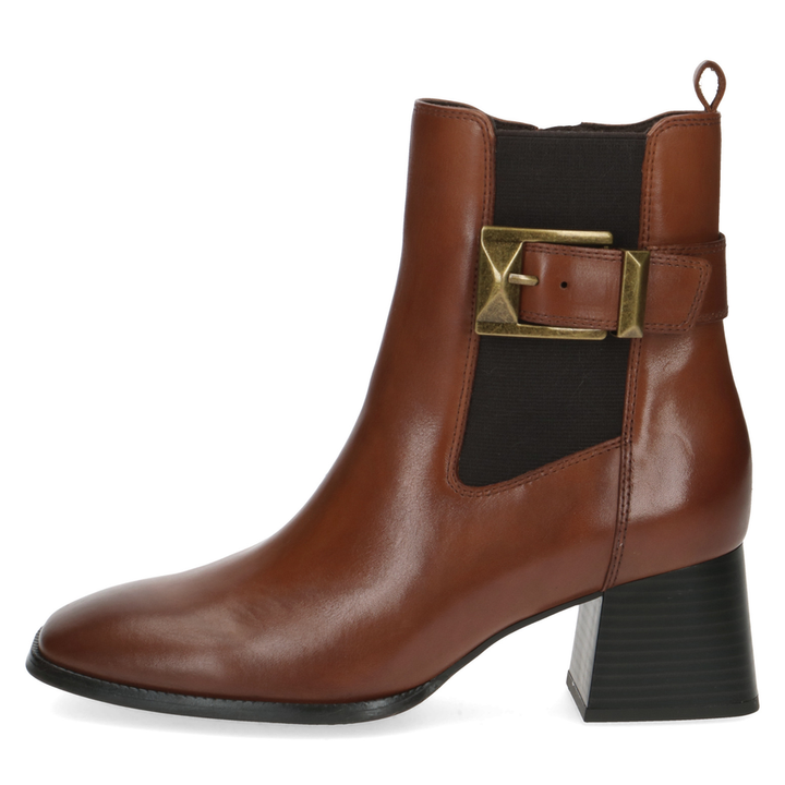 Caprice Cognac Nappa Leather Block Heeled Ankle Boot with Buckle and Side-zip.