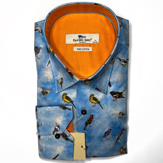 Claudio Lugli Men's Blue Bird Print Shirt