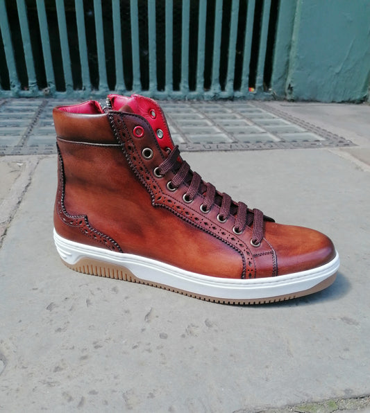 Jeffery West Apollo L061 Toledo Mid Brown Leather Hi-Top Trainer.