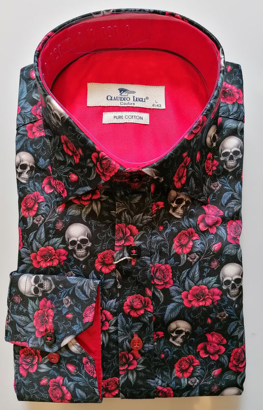 Black Skulls and Roses Print Shirt