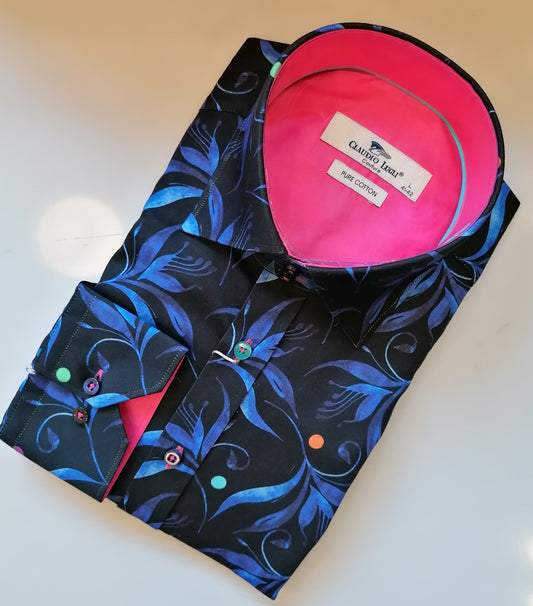 Navy Blue Floral Swirl Print Shirt - CP8003