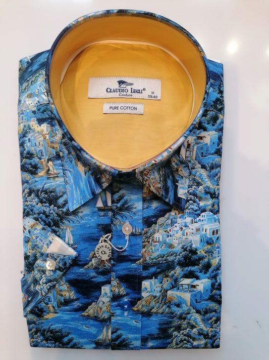 Men's Short Sleeve Blue Island and Sailing Boats Shirt
