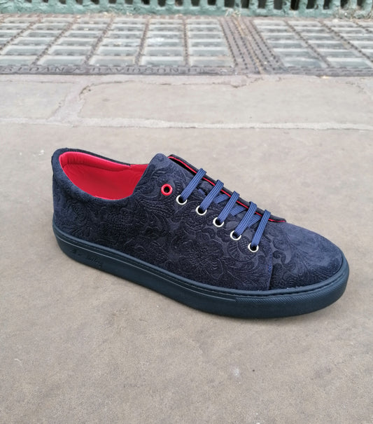 Jeffery West Muse Petunia Velour Dark Blue Floral Embossed Sneaker