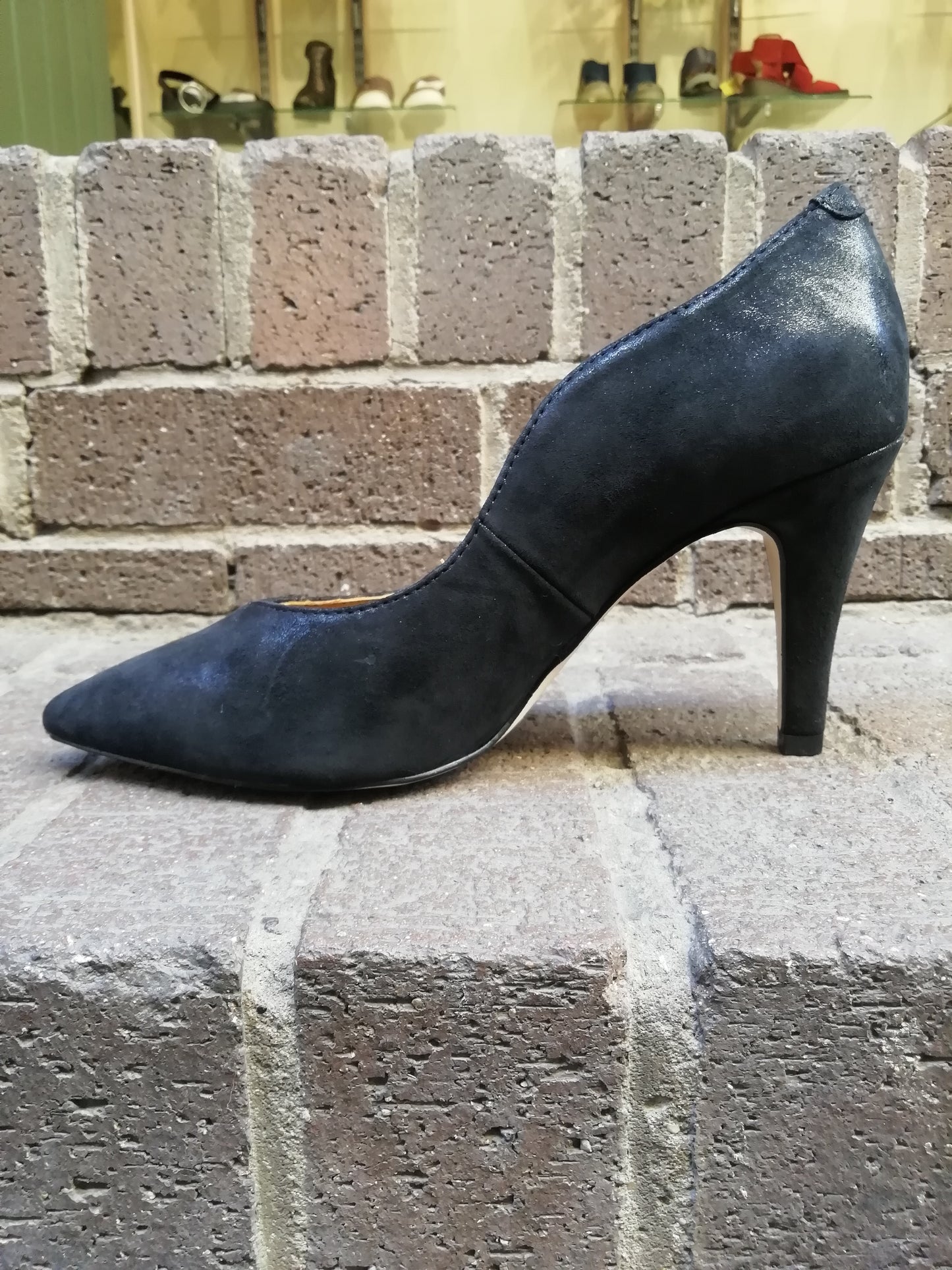 Caprice Black Pearl Leather Heeled Court Shoe.