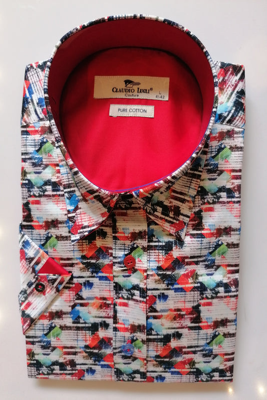 Men's Stripe Brushstroke Red Short Sleeve Shirt