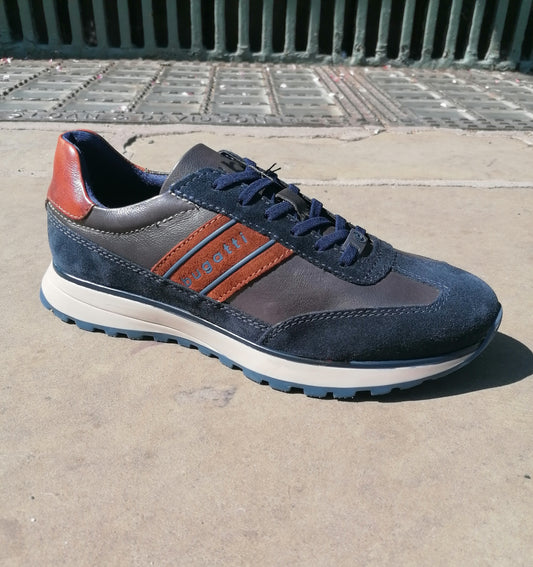 Lace Up Leather and Suede Trainer Dark Blue with Grey and Cognac