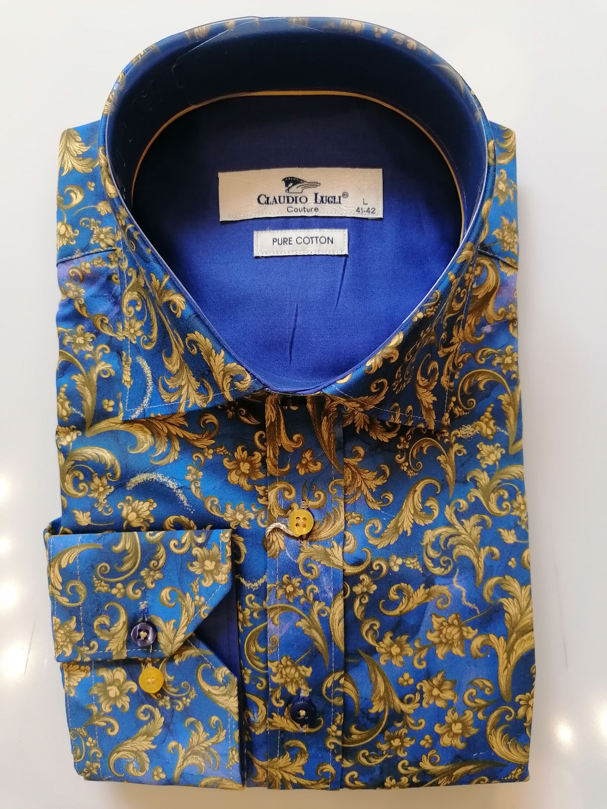 Blue Gold Leaf Flower Print Shirt