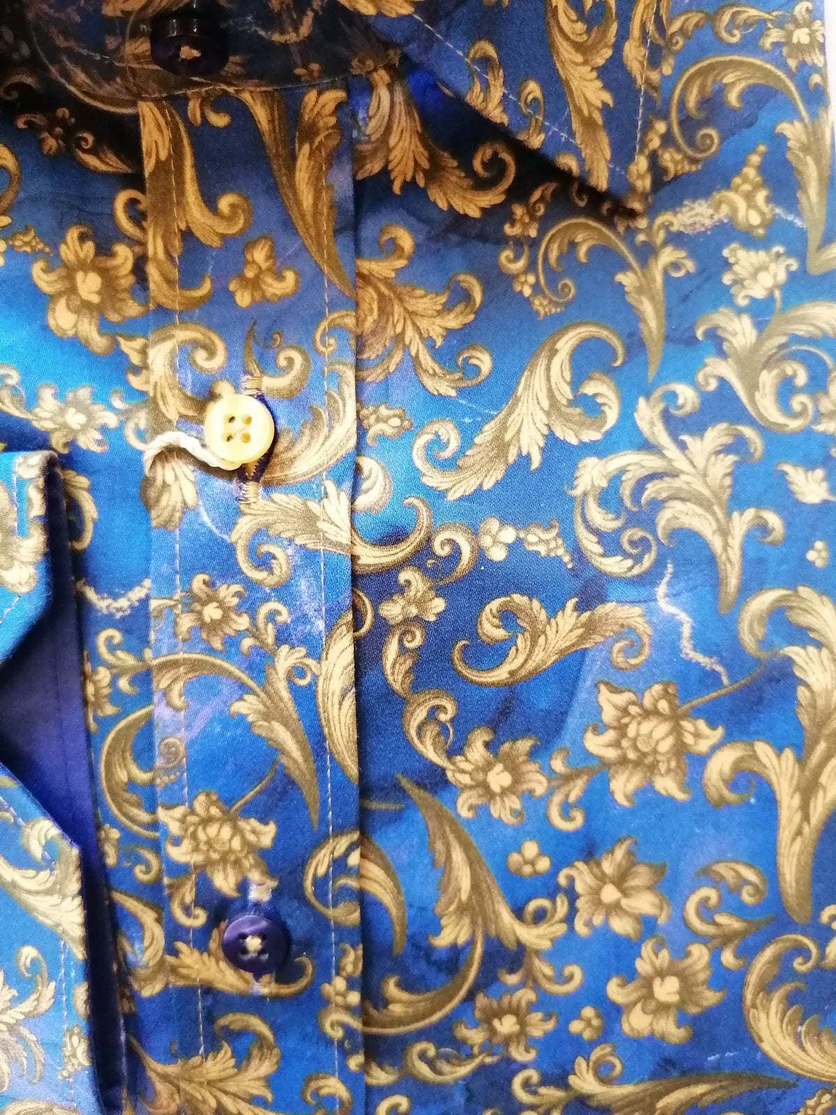 Blue Gold Leaf Flower Print Shirt