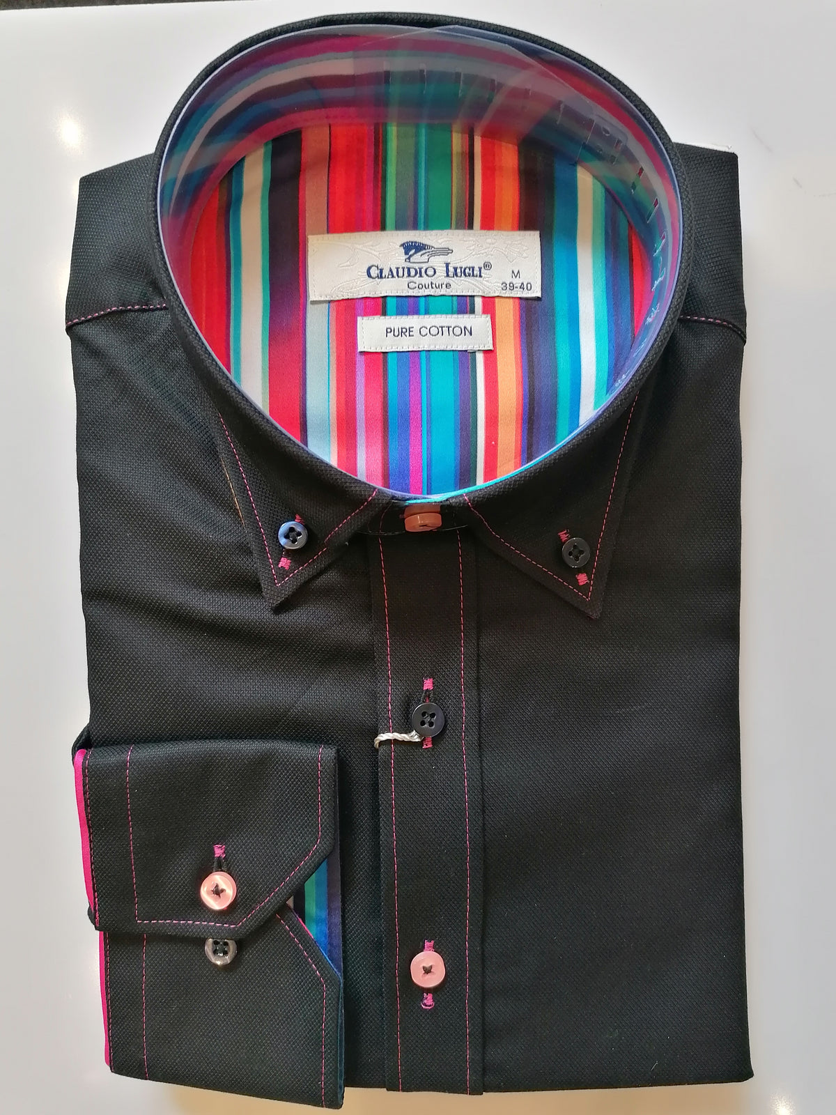 Plain Black Shirt with Striped insert Pink Trim
