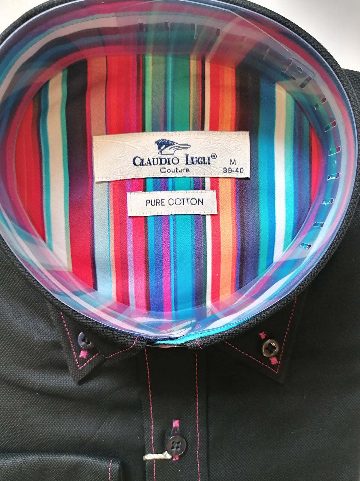 Plain Black Shirt with Striped insert Pink Trim