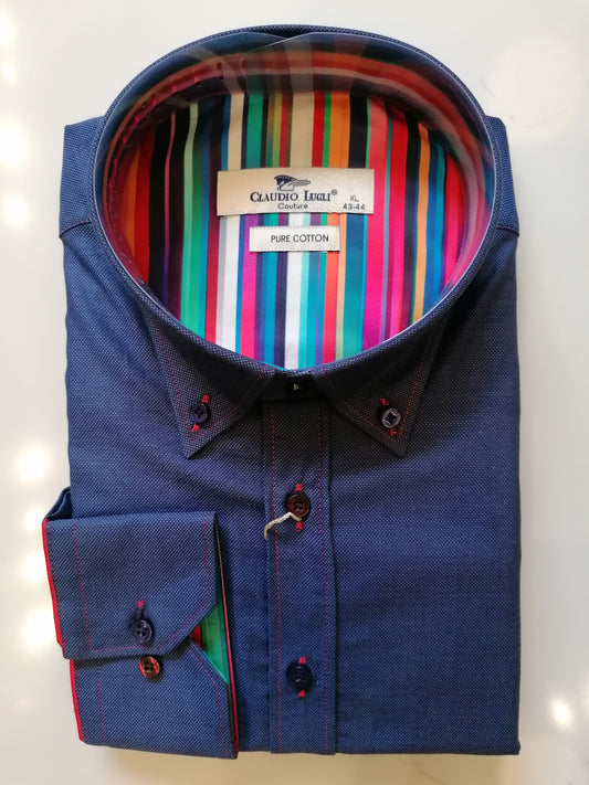 Plain Navy Shirt with B/D Striped insert Red Trim