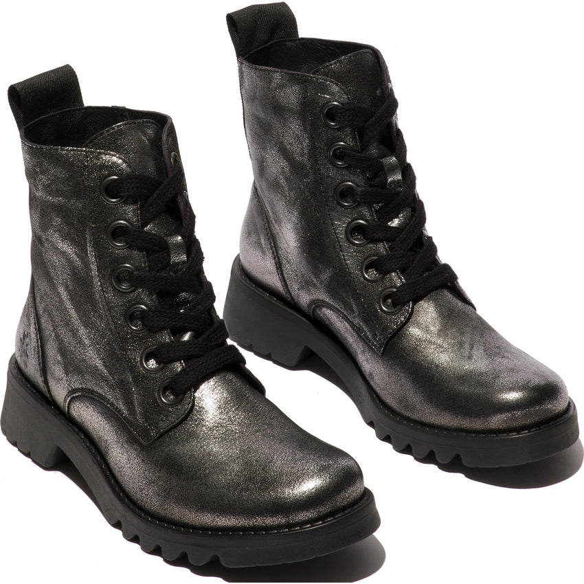 Fly London Ragi539 Rug Lace-up Boot in Dark Flash Silver.