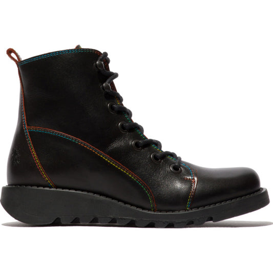 Fly London Sore13 Java Black with Rainbow stitching, Ankle Boot.