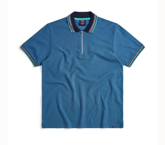 Men's Petrol Blue Egan Zip Neck Pique Polo Shirt