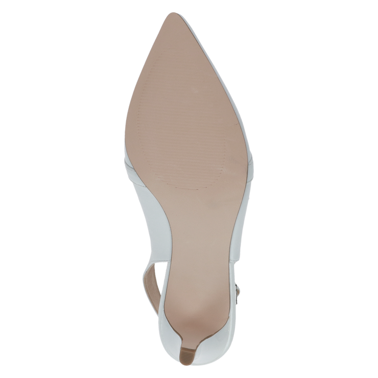 Caprice White Perlato Leather Sling Back with a Mid Heel and chain front.