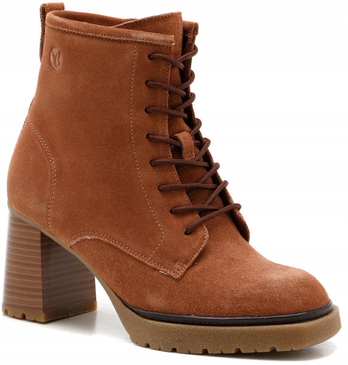 Caprice Cognac Suede Lace up ankle boots with Side Zip and Block heel.
