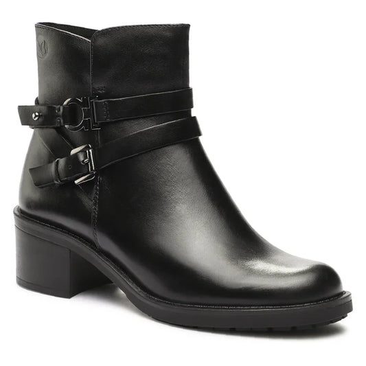 Caprice Black Leather Ankle Boot With Buckle strap and Side Zip, Chunky Heel.