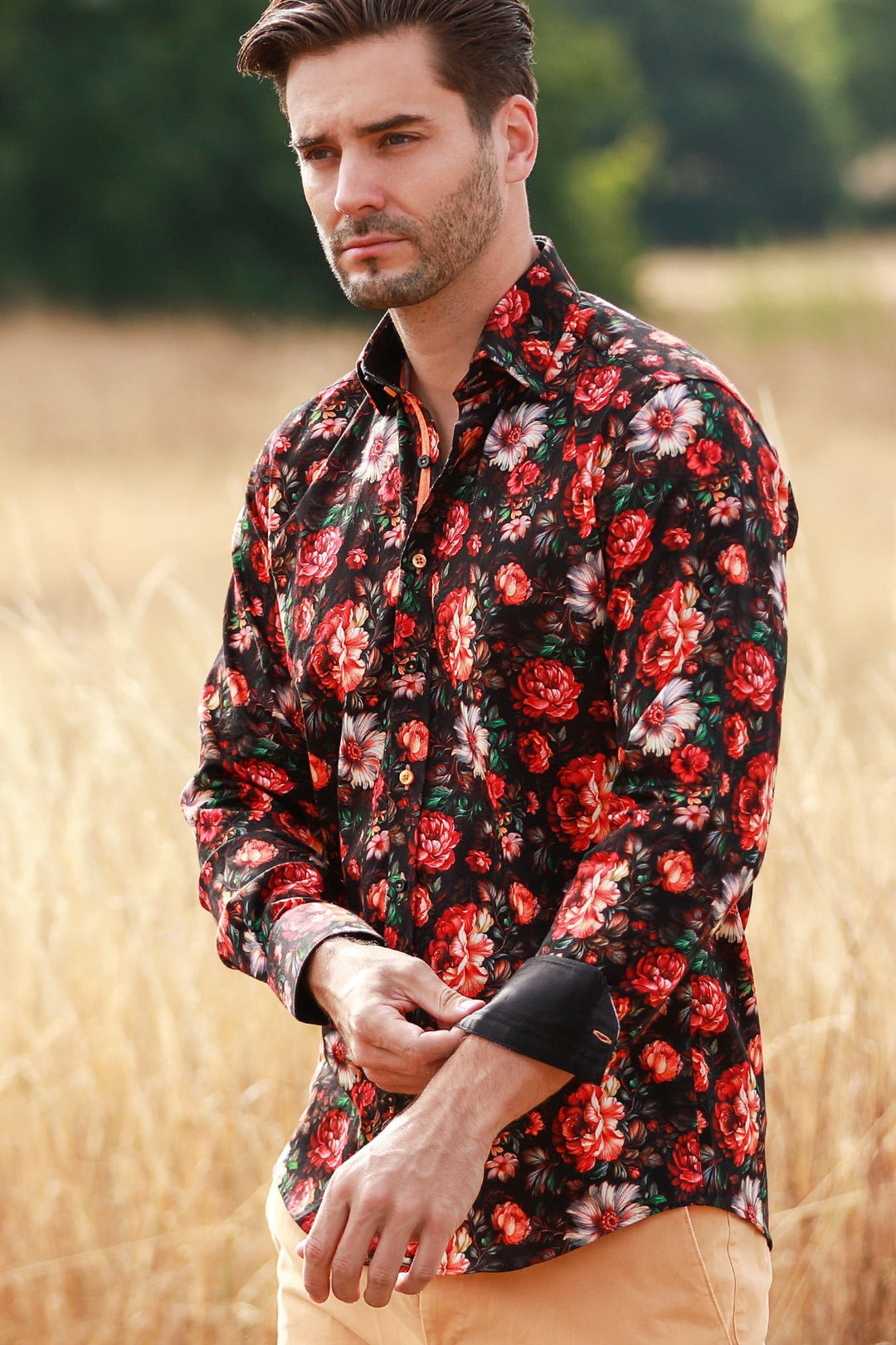 Garden Flowers Black/Red Print shirt - CP8025 – Prégo