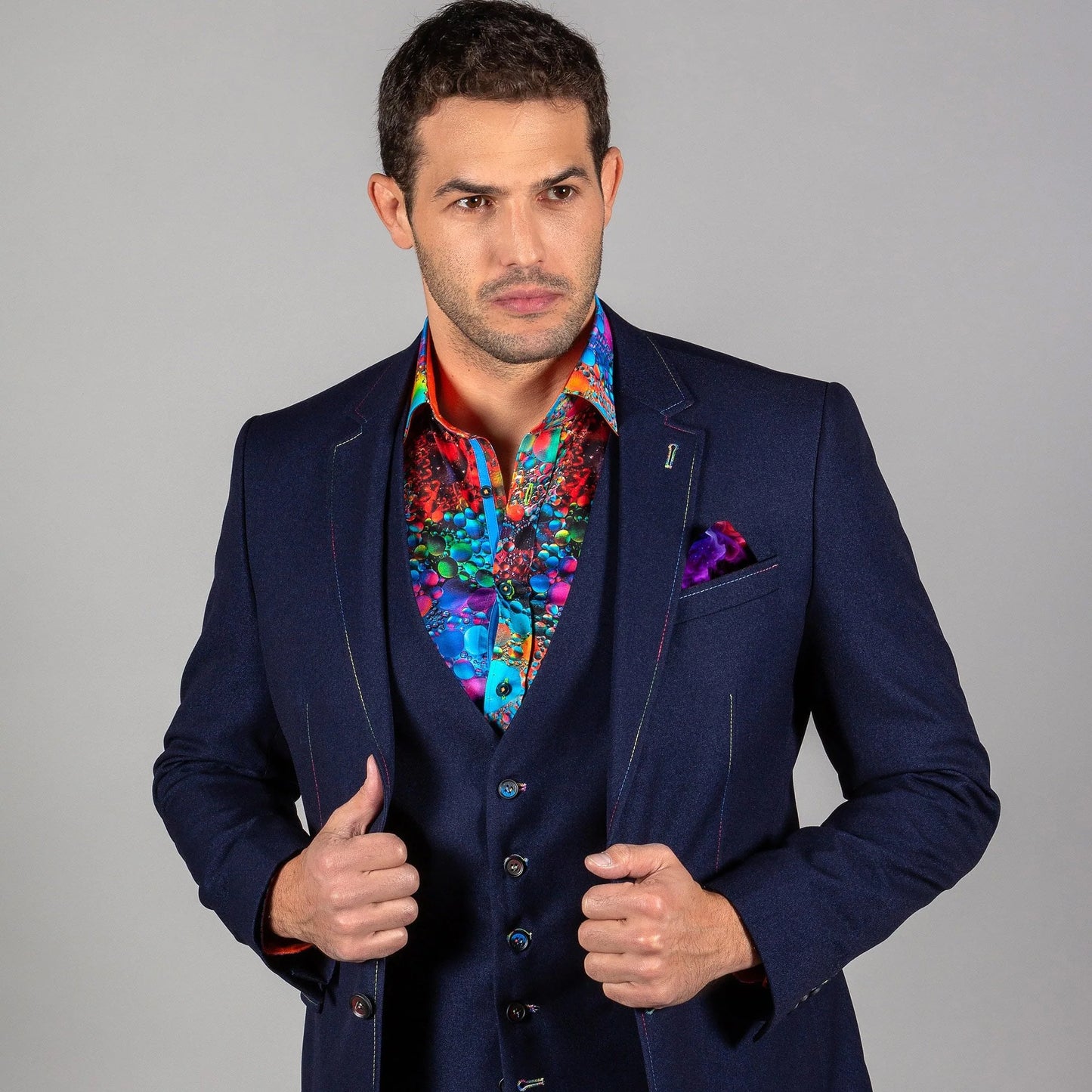 Signature Fitted Navy Jacket with Multicolour Stitching & Matching Waistcoat - CL1919