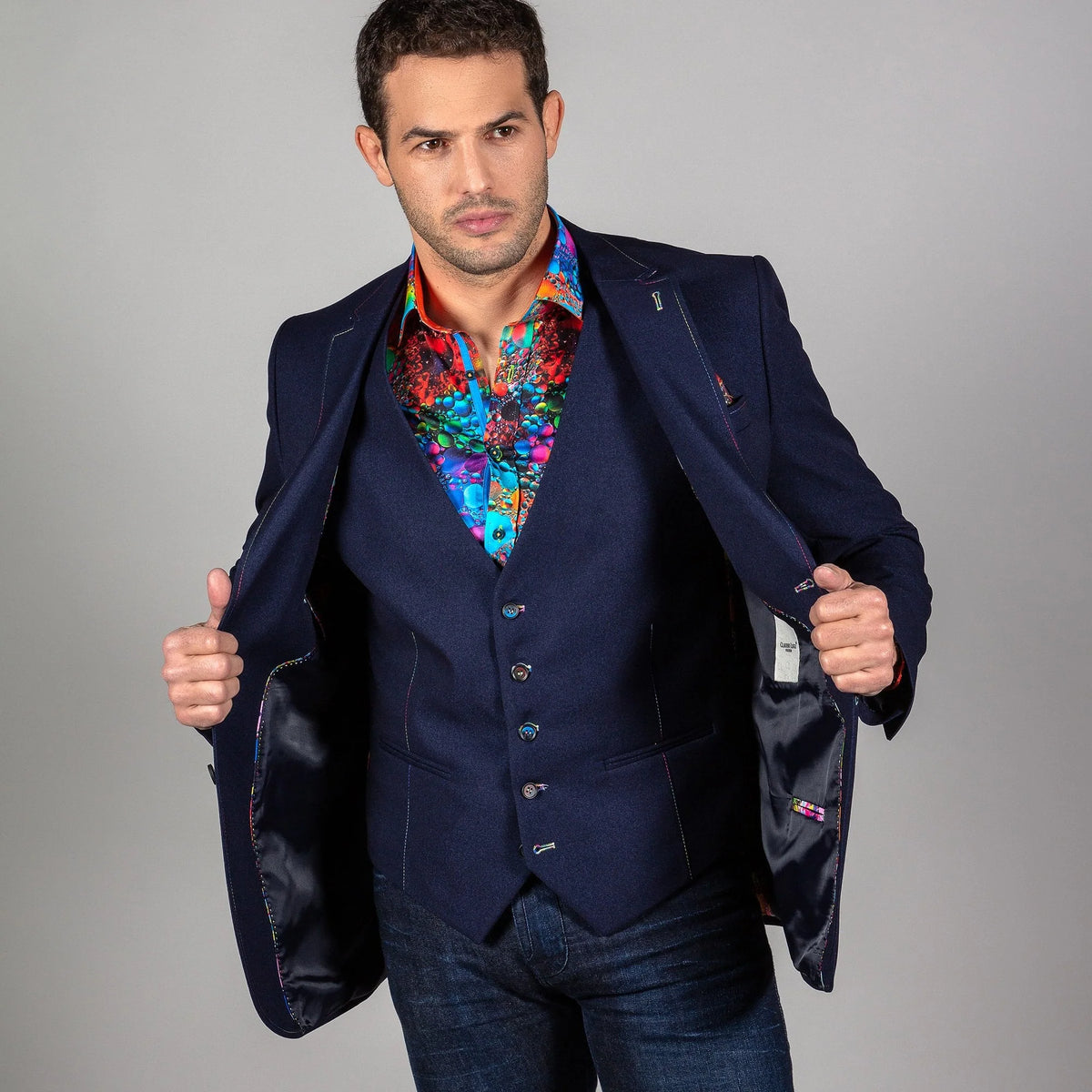 Signature Fitted Navy Jacket with Multicolour Stitching & Matching Waistcoat - CL1919