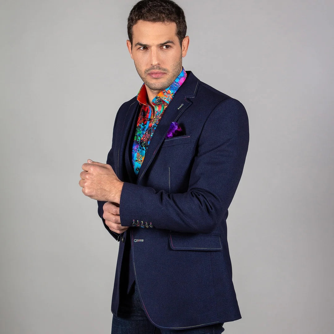 Signature Fitted Navy Jacket with Multicolour Stitching & Matching Waistcoat - CL1919