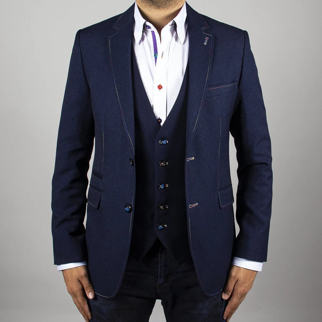 Signature Fitted Navy Jacket with Multicolour Stitching & Matching Waistcoat - CL1919