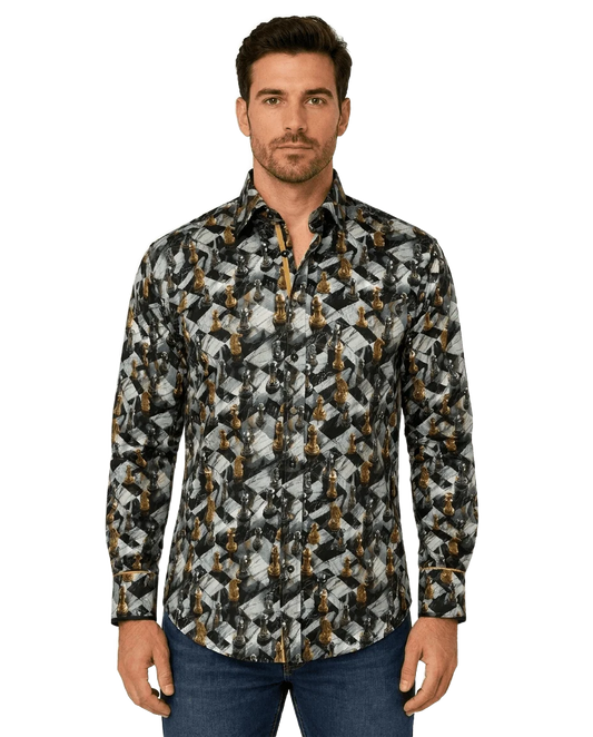 Chess Board Print Shirt Grey