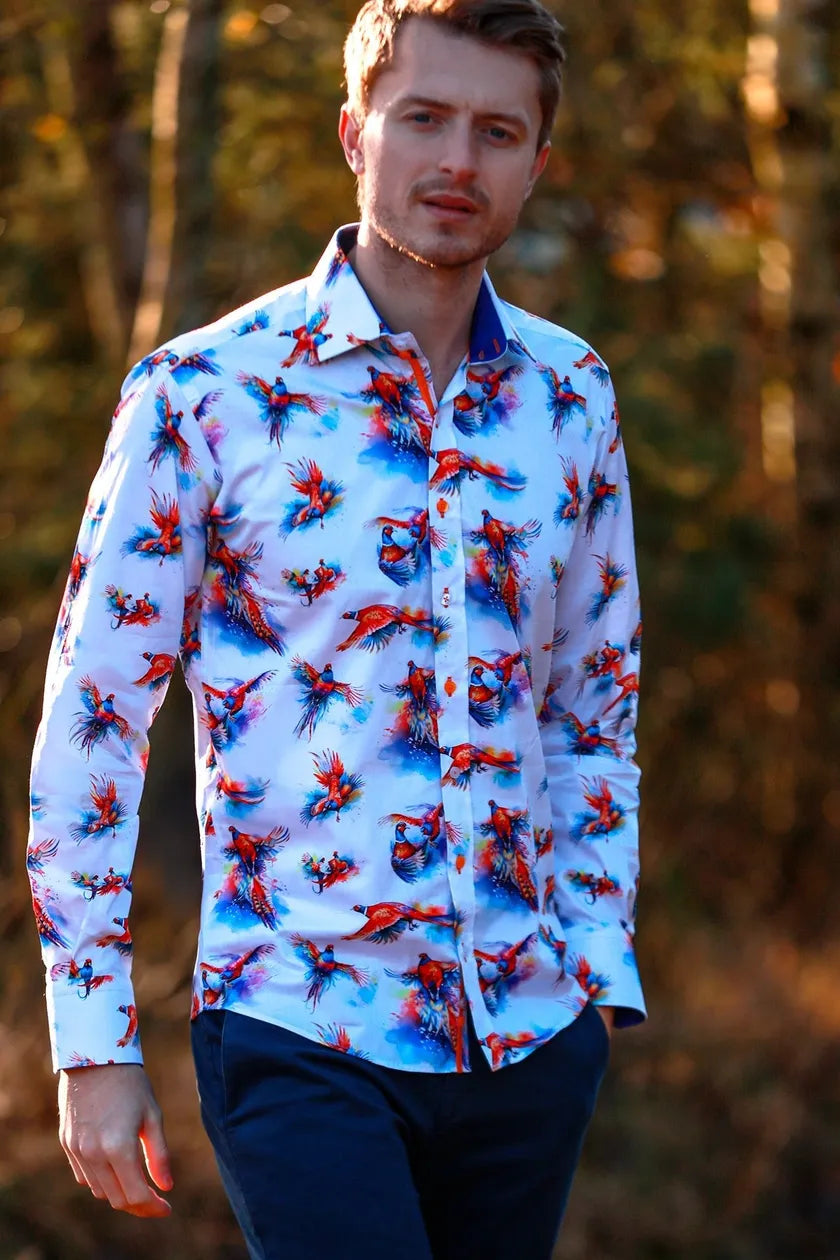 White Pheasant Print Shirt - CP8020