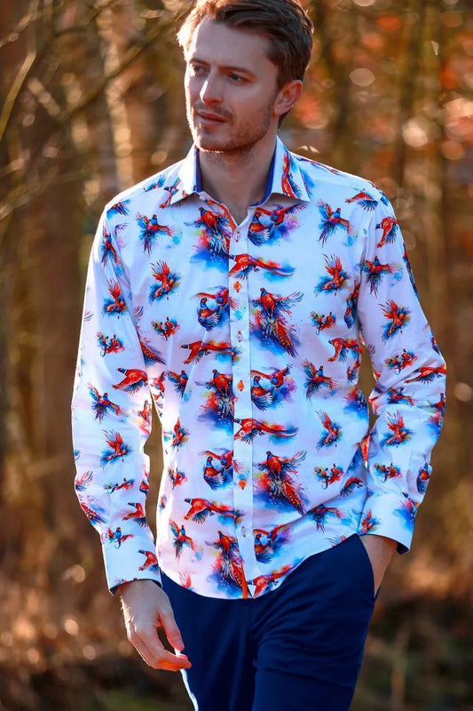 White Pheasant Print Shirt - CP8020