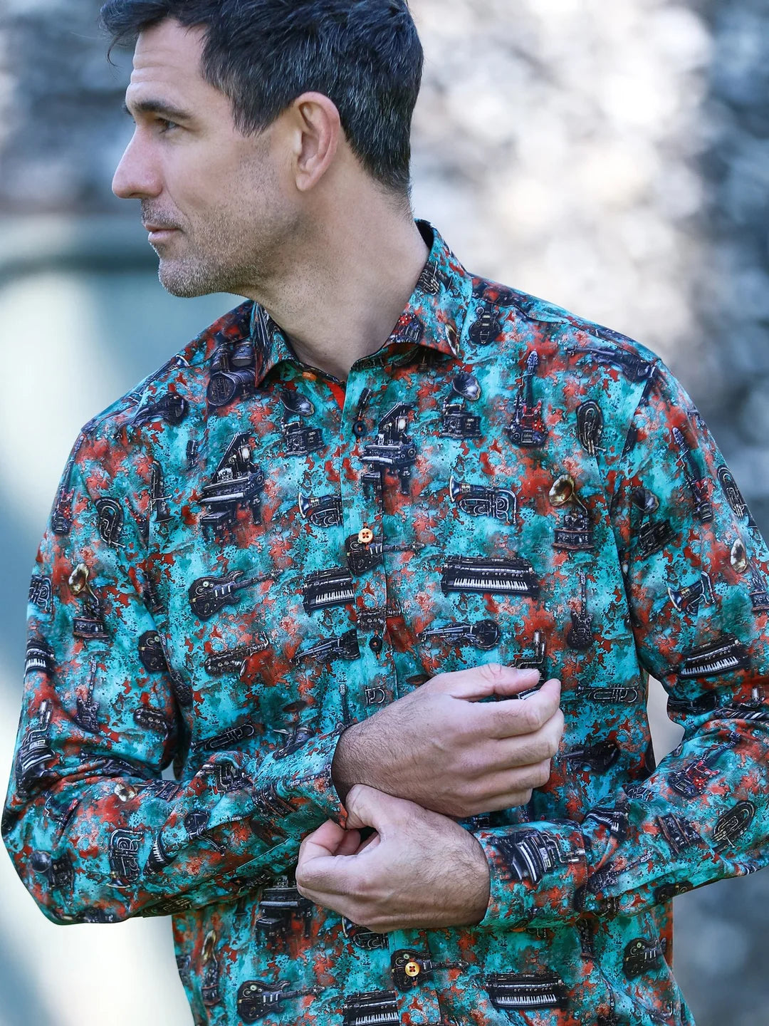 Steam Punk Green & Rust Musical Instruments Oxidised Verdigris Print Shirt