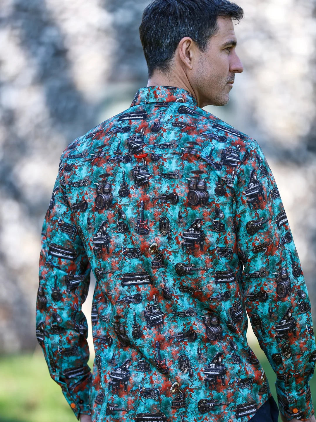 Steam Punk Green & Rust Musical Instruments Oxidised Verdigris Print Shirt