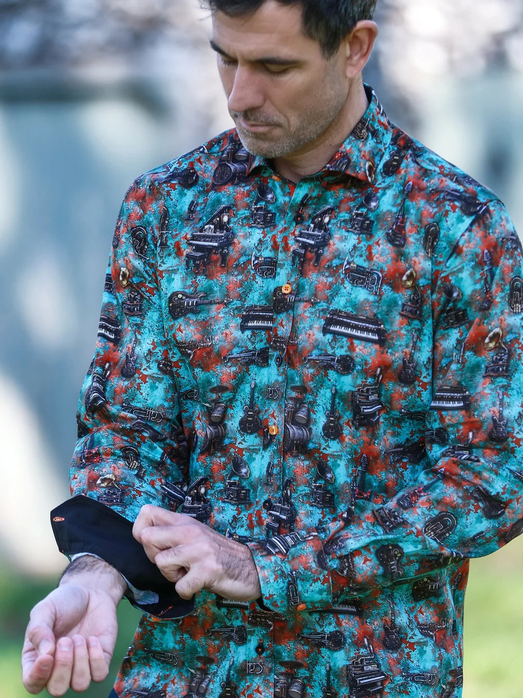 Steam Punk Green & Rust Musical Instruments Oxidised Verdigris Print Shirt