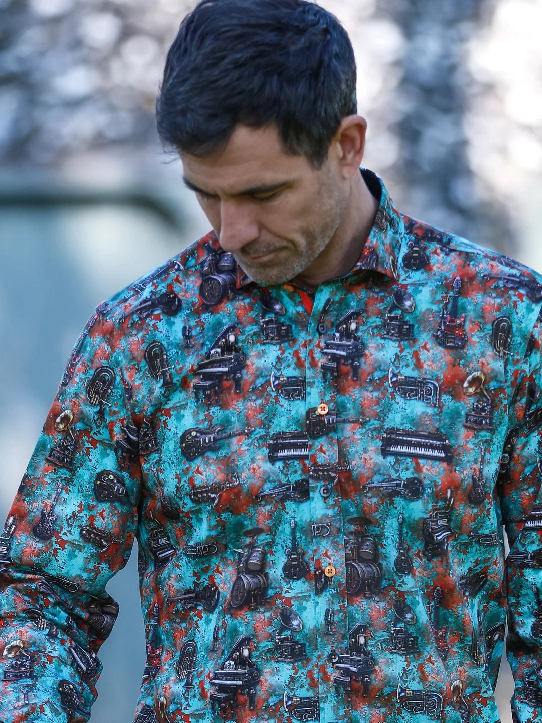 Steam Punk Green & Rust Musical Instruments Oxidised Verdigris Print Shirt