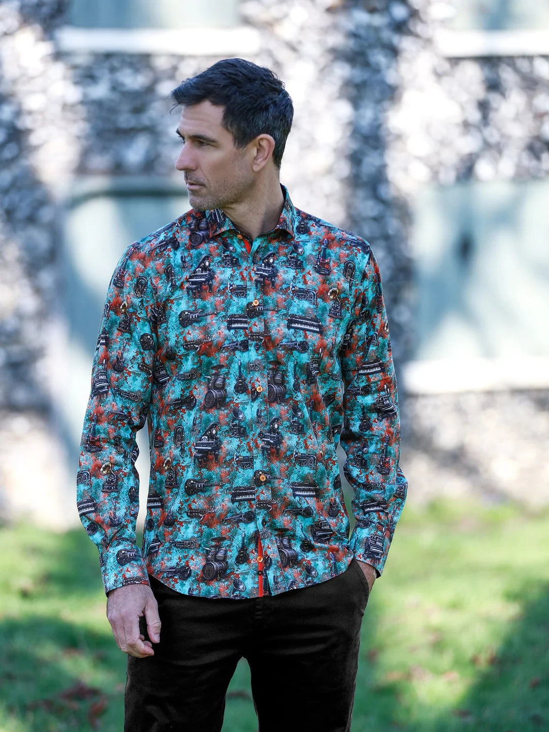 Steam Punk Green & Rust Musical Instruments Oxidised Verdigris Print Shirt