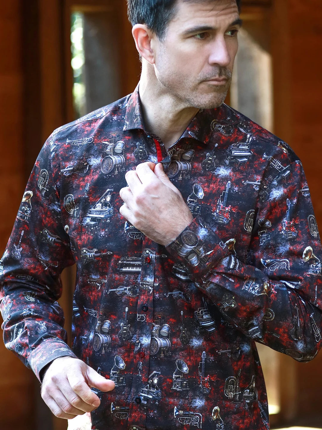 Steam Punk Midnight Forge Musical Instruments Brown Red Print Shirt