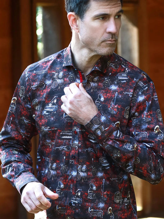 Steam Punk Midnight Forge Musical Instruments Brown Red Print Shirt