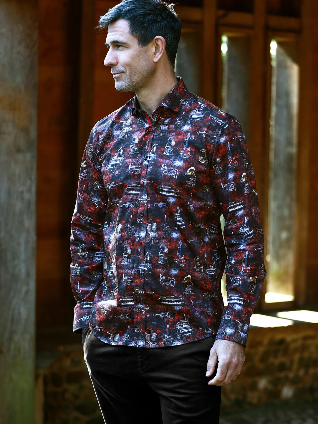 Steam Punk Midnight Forge Musical Instruments Brown Red Print Shirt