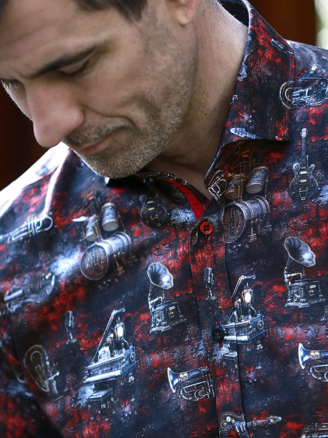 Steam Punk Midnight Forge Musical Instruments Brown Red Print Shirt