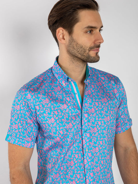 Men's Short Sleeve Floral Silhouettes Ornaments ss Pink