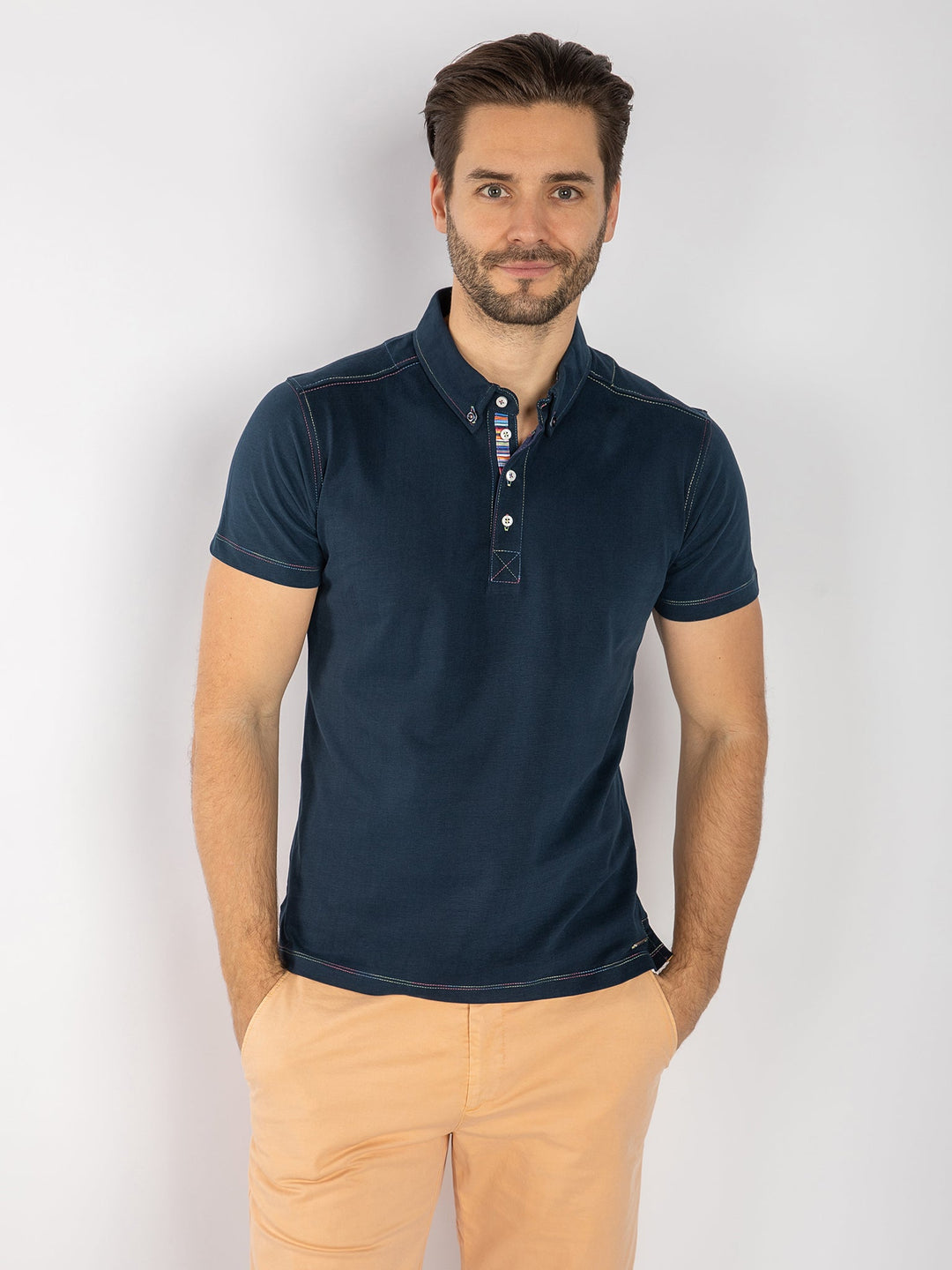 Men's Navy Polo Shirt with Striped Detailing.