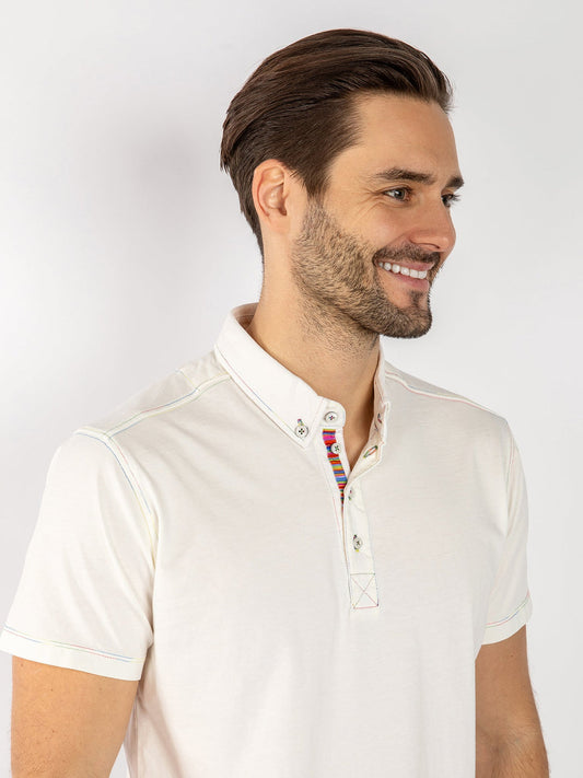 Men's Off White Polo Shirt with Striped Detailing.