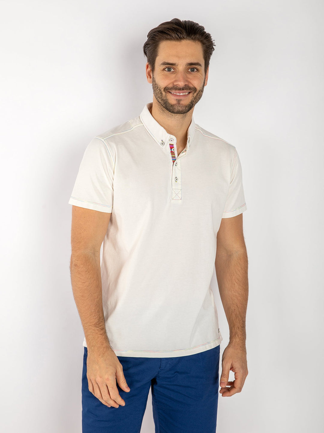 Men's Off White Polo Shirt with Striped Detailing.