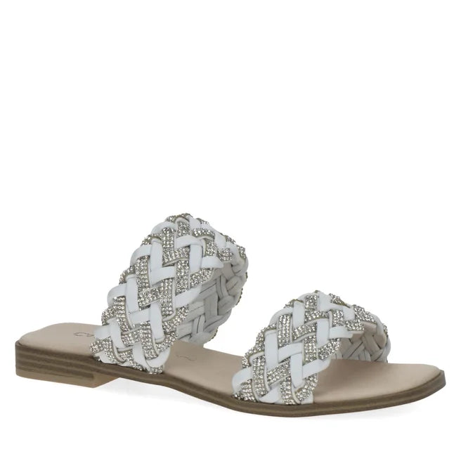 Caprice White Crystal/Taupe Flat Mule. Only sizes 5, 6 and 7.5 left.