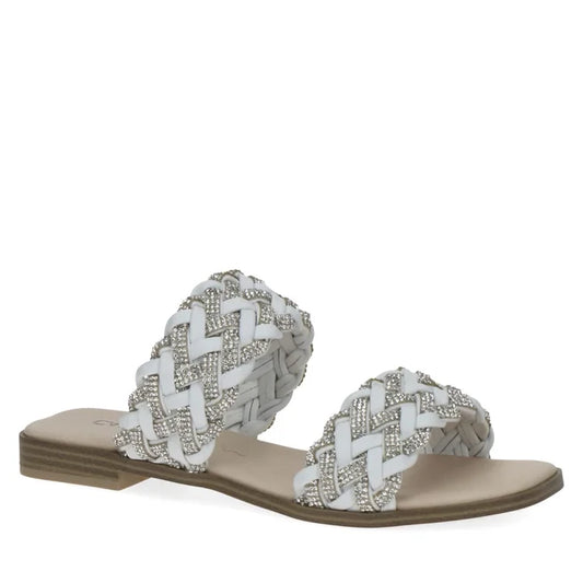 Caprice White Crystal/Taupe Flat Mule. Only sizes 5, 6 and 7.5 left.