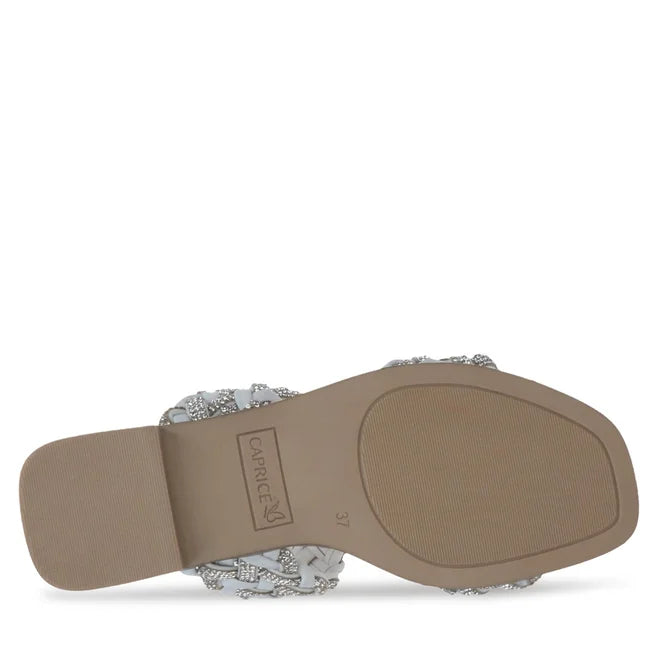 Caprice White Crystal/Taupe Flat Mule. Only sizes 5, 6 and 7.5 left.