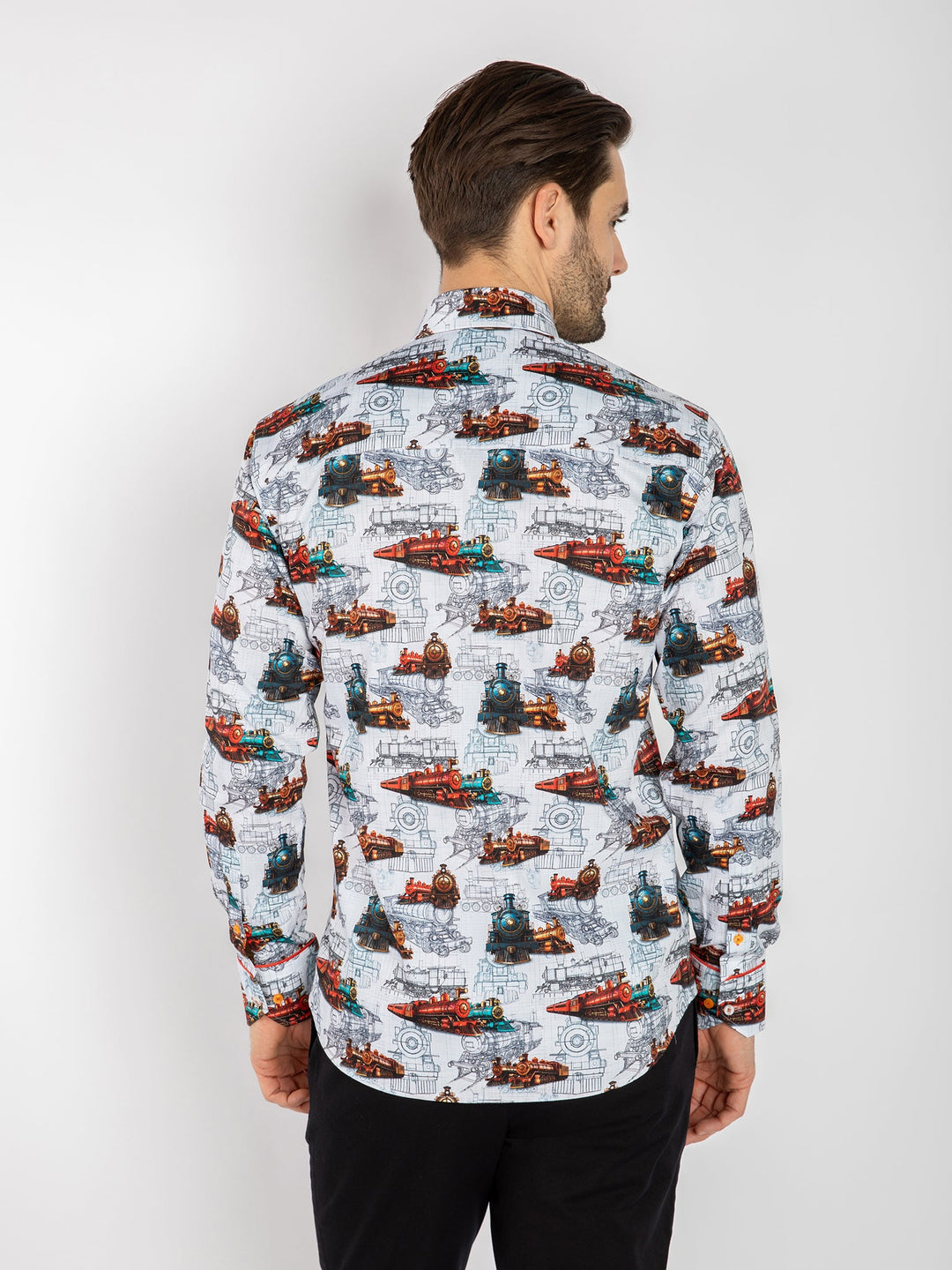 White Vintage Trains Locomotive Blueprint Shirt - CP8059