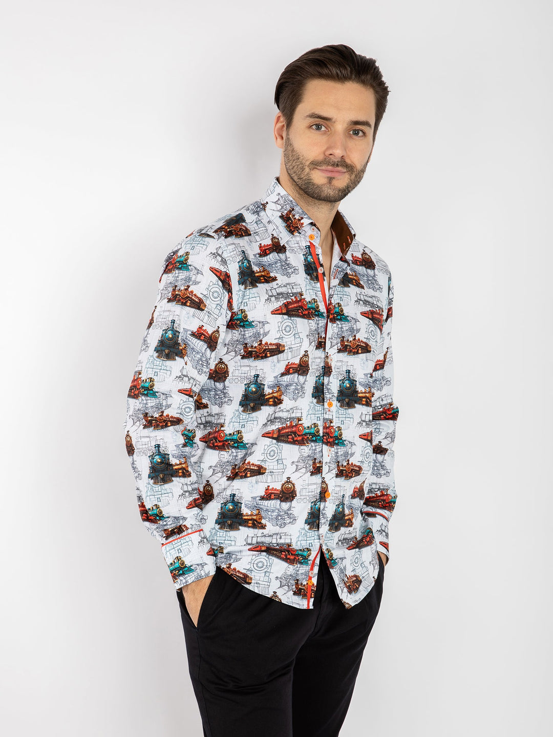 White Vintage Trains Locomotive Blueprint Shirt - CP8059