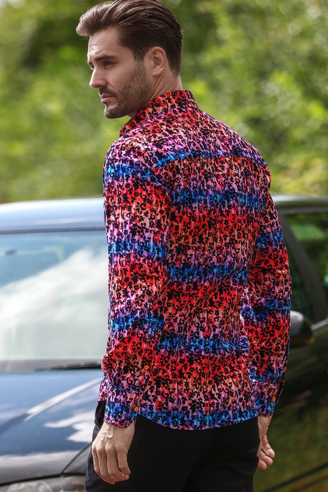 Tie Dye Red Floral Flocked Print shirt - CP8050