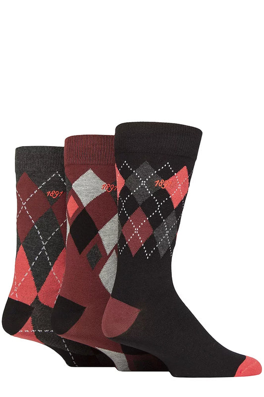 Glenmuir 1891 Cotton Socks, Argyle Patterned & Plain Black/Red/Charcoal