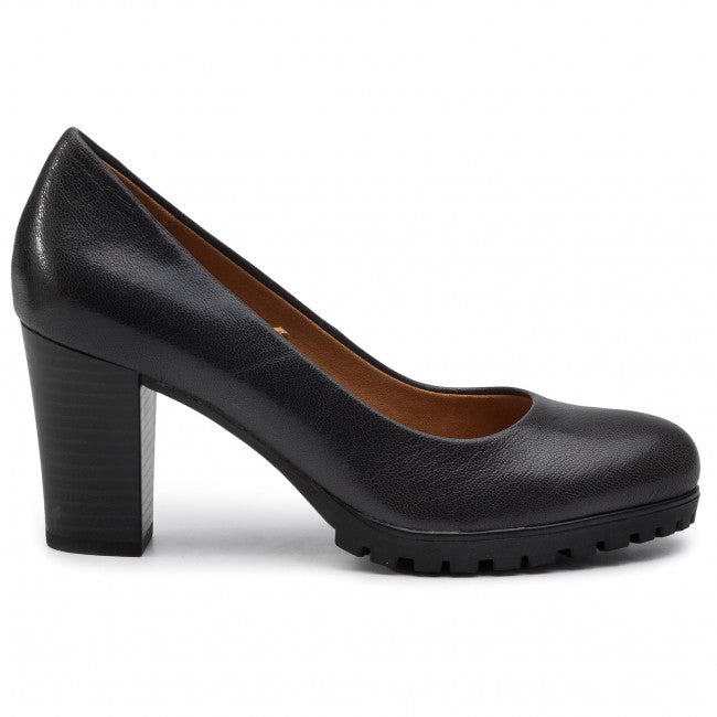 Caprice Black Leather Block Heel Wedge Court Shoe. Only sizes  7.5 left.